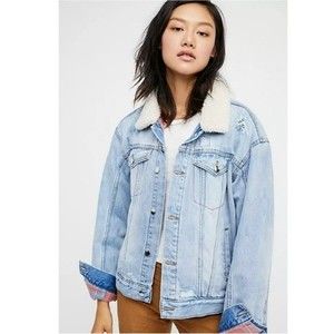 Free People Plaid Lined Sherpa Denim Trucker Jacket OB724287
